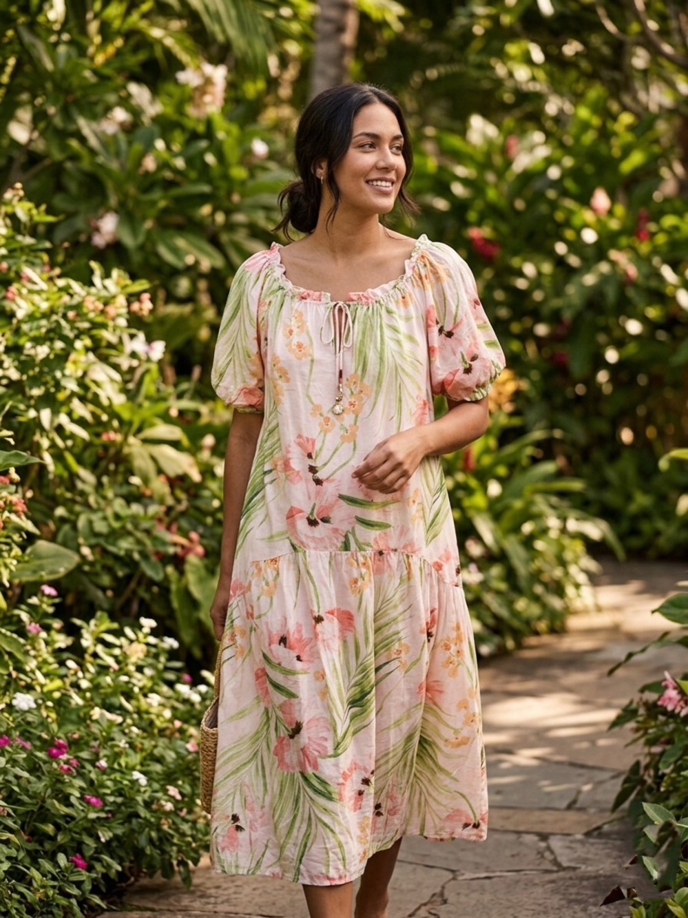 H&M Tropical Floral Puff Sleeve Midi Dress Size L